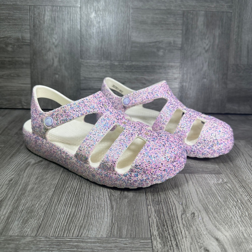 Crocs Fisherman Sandals Kids J2 Pink Purple Glitter Sparkle NEW 212643-0WV - Picture 5 of 8